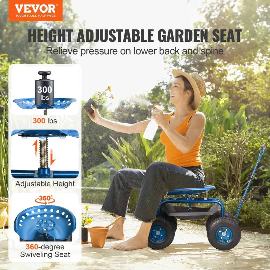 Carrello da officina rotante in acciaio con capacità di carico fino a 136 kg Carrello da giardino con manico da 25 cm e sedile regolabile in altezza da 45 a 54 cm Carrello rotante Pressione pneumatici 30 PSI Sedile da lavoro Sedile da giardino blu - 2