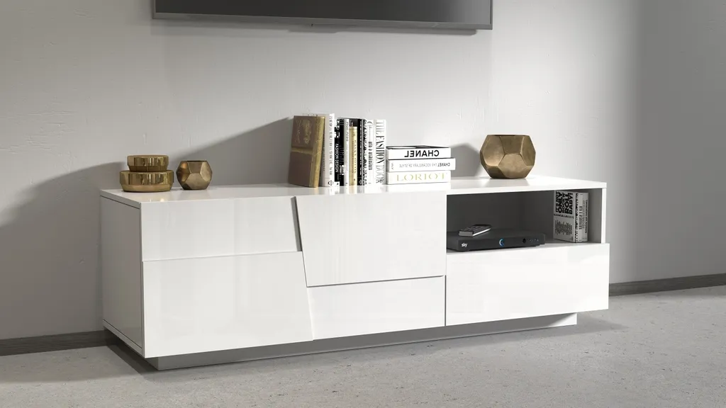 Meuble TV 150cm Blanc Brillant Bitonto avec Rangement Large Format