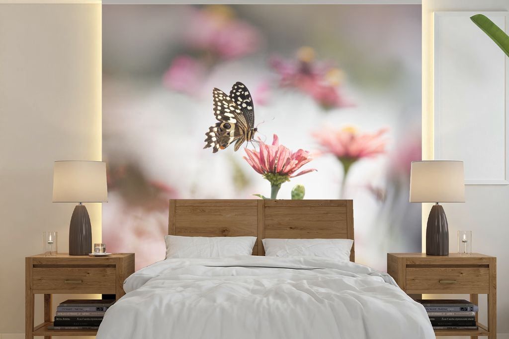 MuchoWow Fototapete für Wohnzimmer oder Schlafzimmer Wandtapete Vinyl Motivtapete Schmetterling - Blume - Rosa - 300x300 cm - Wanddekoration