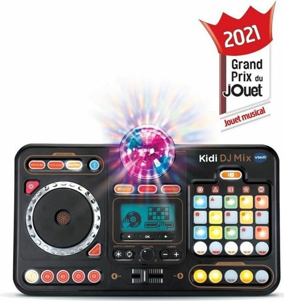 A Vtech Kidi DJ Mix toy is shown against a white background, with a promotional badge in the top right corner.