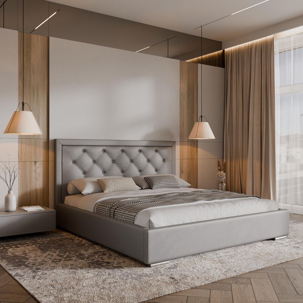 Stilvolles gepolstertes Bett 200x200 cm grau FRANCO, elegantes Bett mit gestepptem Kopfteil, Bett mit Bettkasten und Hebelattenrost, Größe: 200x2...