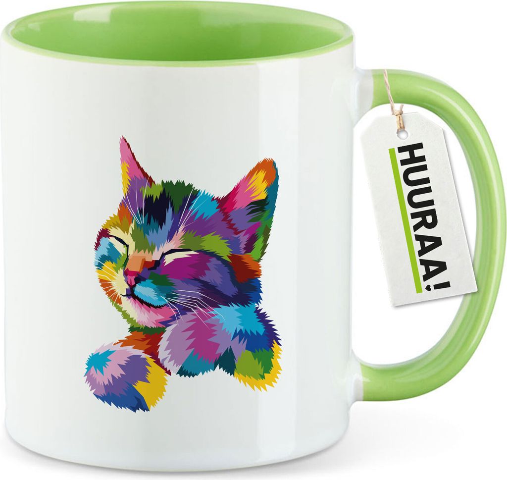 Huuraa Kaffeetasse Katze Colorful 330ml Grün Keramik Kaffeebecher Geschenkidee