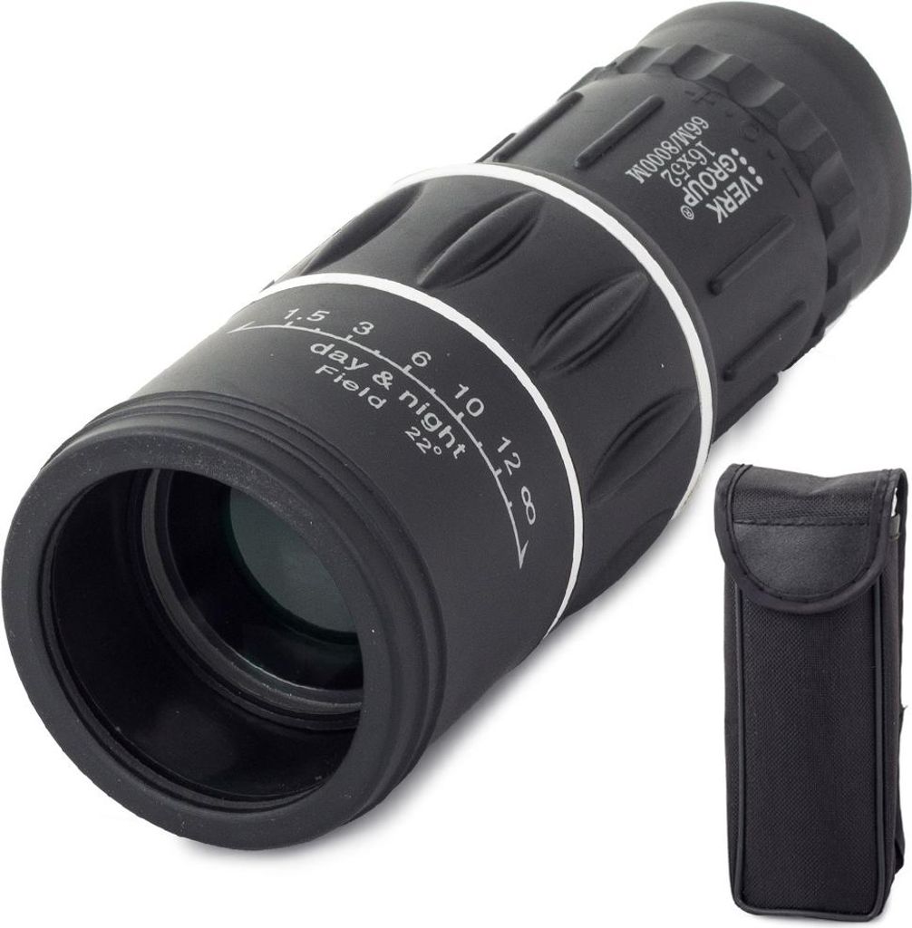 A black monocular telescope is shown with a black carrying case next to it.