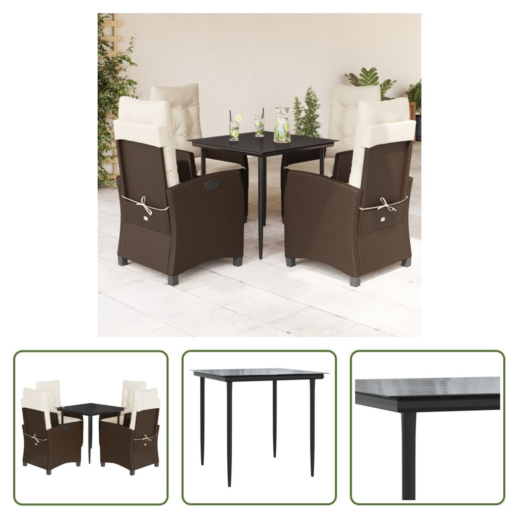 The Living Store 5-tlg. Garten-Essgruppe mit Kissen Braun Poly Rattan