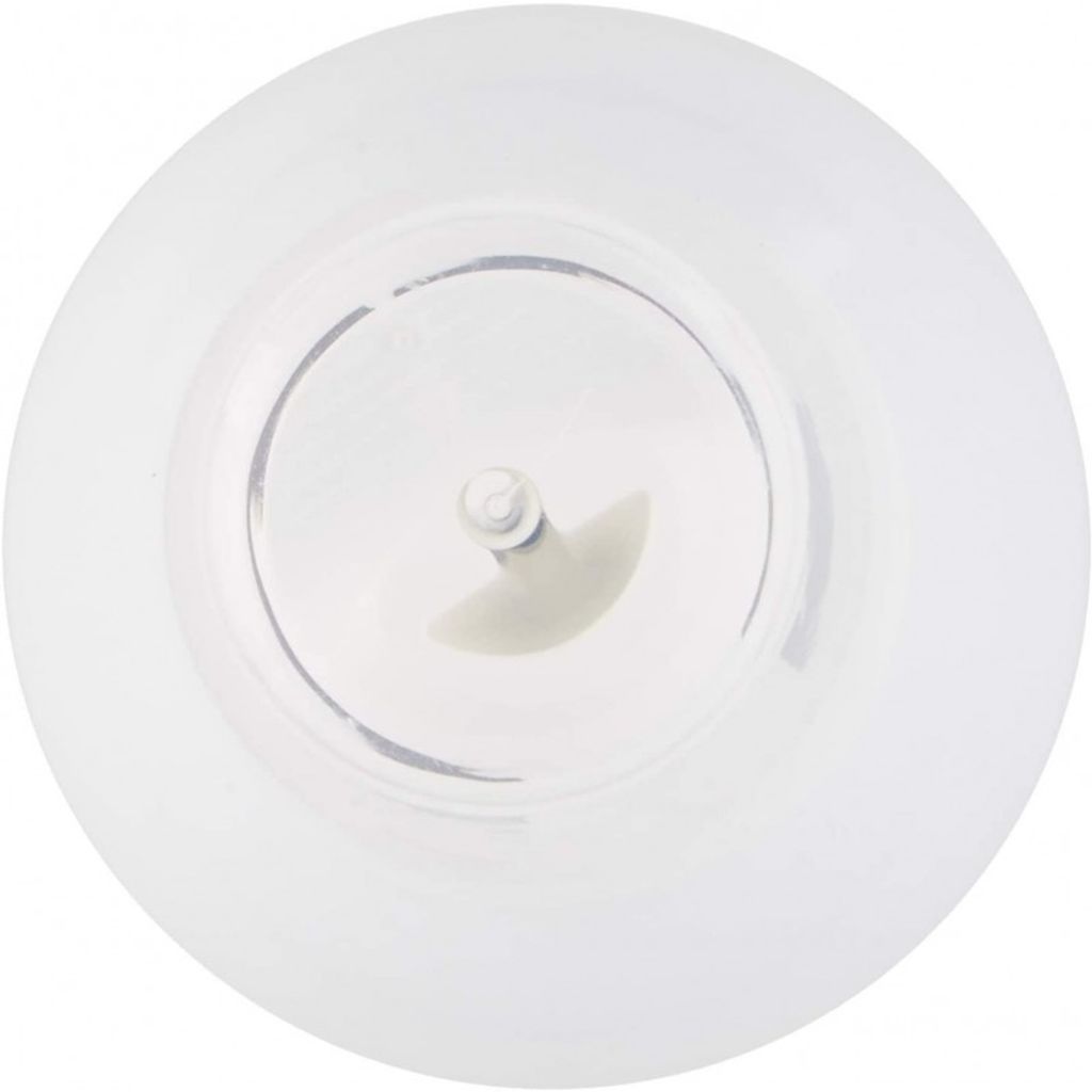 A top-down view of a clear plastic bottle cap with a small dispensing mechanism in the center.