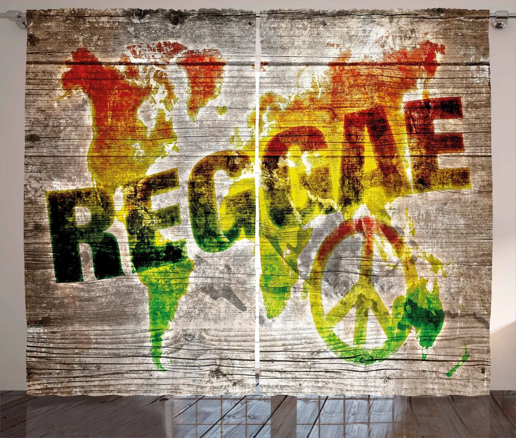 Rideau Rustique Rasta 280x225cm - Carte du Monde, Mots Reggae, Brun/Orange