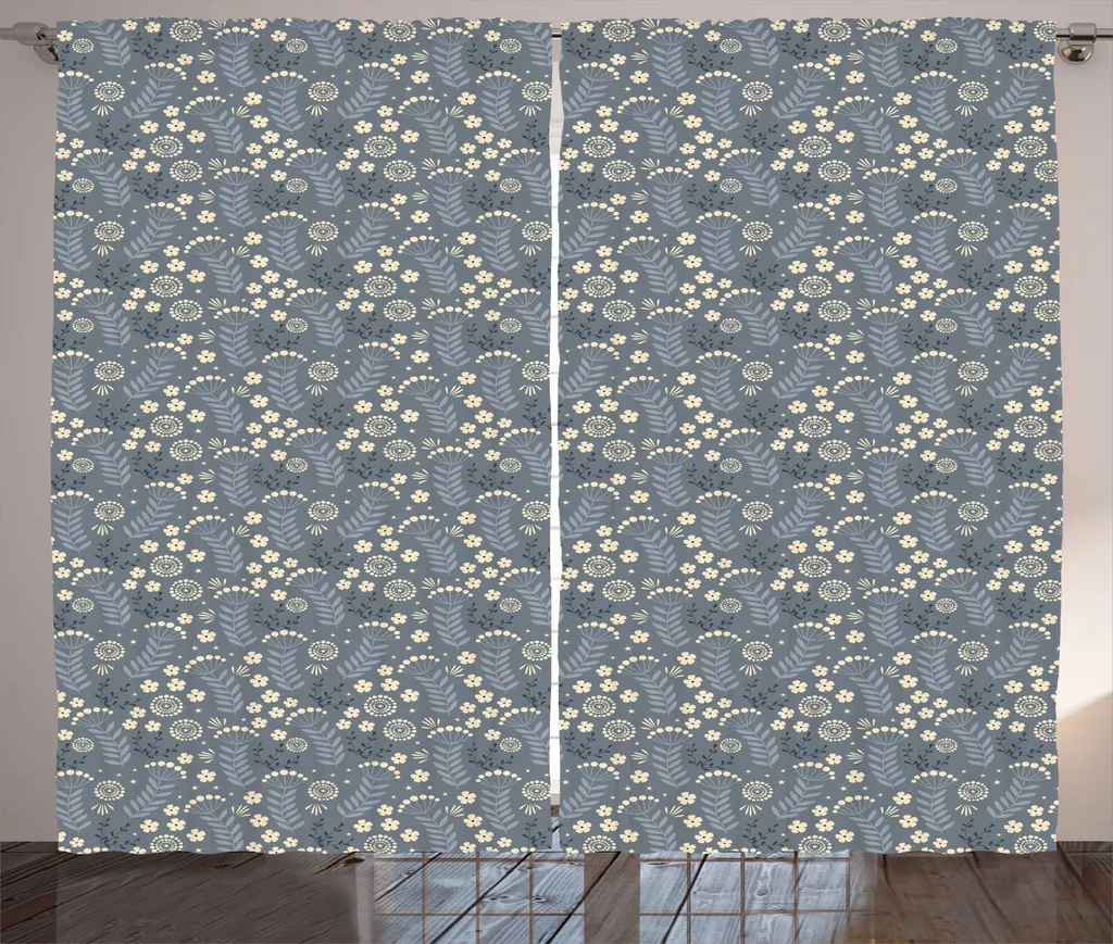 ABAKUHAUS Tenda rustica con motivi floreali, tonalità di grigio - Fiori semplici, Tenda universale per soggiorno con passanti e ganci, 280 x 175 cm, Grigio scuro Blu grigio Grigio