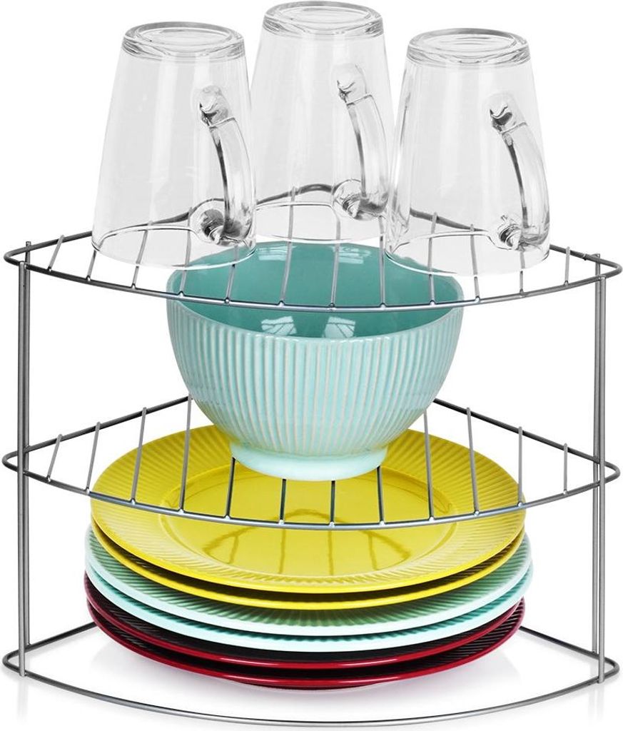 A corner shelf unit holding glasses, a bowl, and plates.