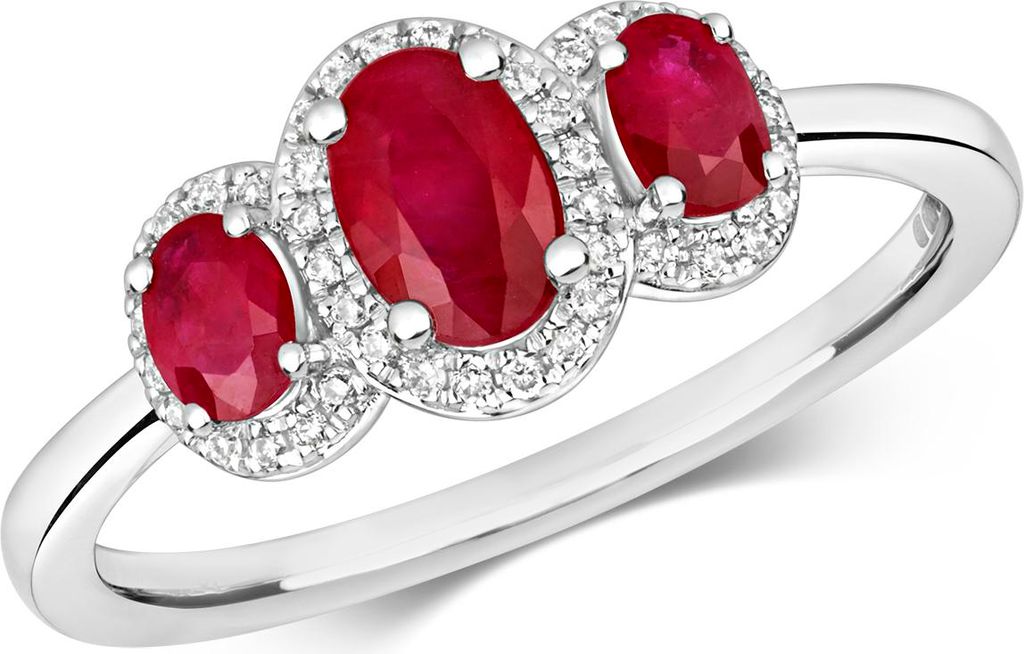 Atemberaubender 9 Karat (375) Weißgold Trilogie Diamant Damenring Brillant-Schliff 0.12 Karat HI - I1 mit Rubin, 51 (16.2); TRS2217RSL