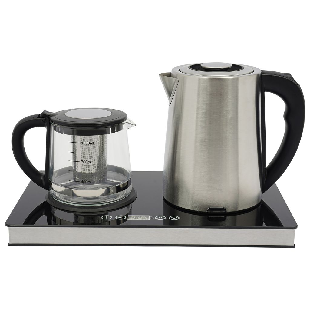 A tea maker set with an electric kettle and a glass teapot with an infuser, placed on a black induction heating base with a touch control panel.