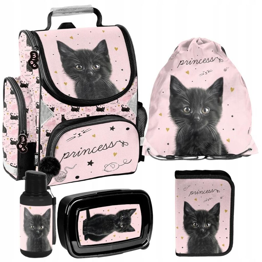 Schulrucksack Mädchen Jungen Motiv schwarz Kätzchen 5 T Set Rucksack, Federmäppchen, Schuhbeutel, Trinkflasche, Frühstückstasche Mega-Set Paso...