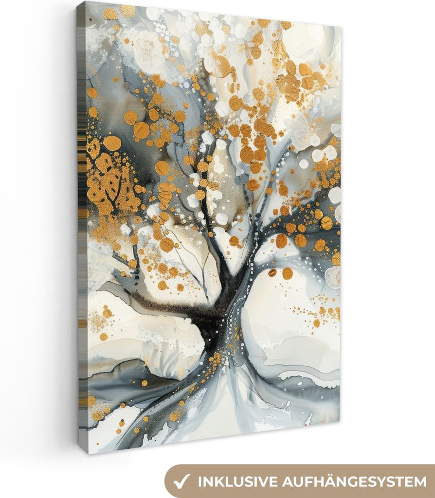 MuchoWow - Leinwandbilder - Baum - Modern - Abstrakt - Gold - Schwarz - Weiß, Wandbild, Wanddeko Bilder Wohnzimmer, 60x90 cm
