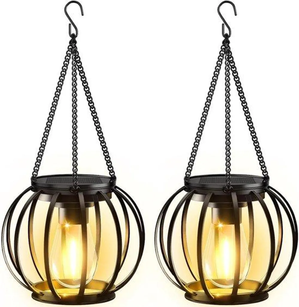 Lot de 2 Lampes Solaires Suspendues en Métal Noir avec Chaînes et Crochets