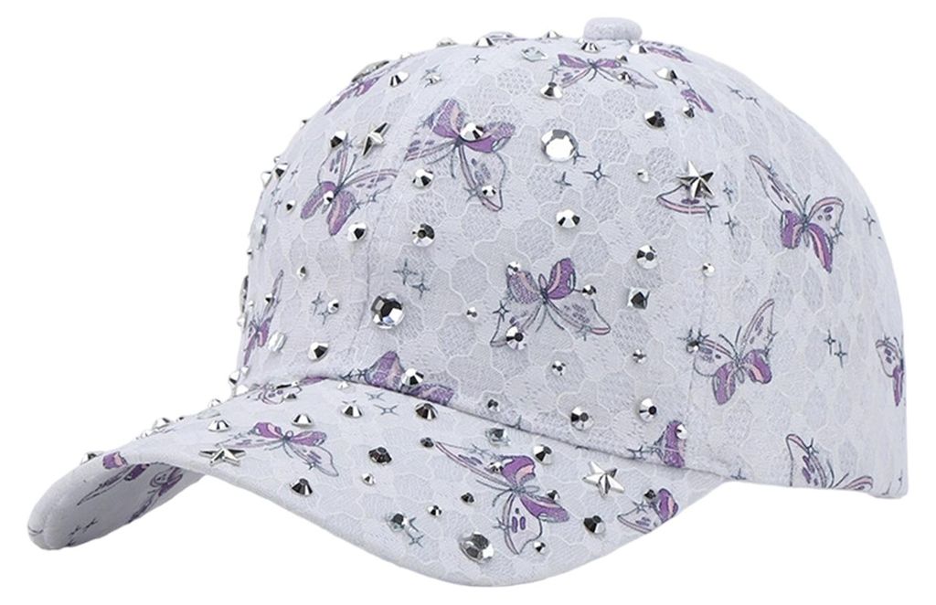 Baseballkappe mit verstellbarem Verschluss hinten, Schmetterlingsdesign, gebogener Krempe, Sonnenschutz, Spitze und Strasssteinen, Damen-Kopfbedeckung