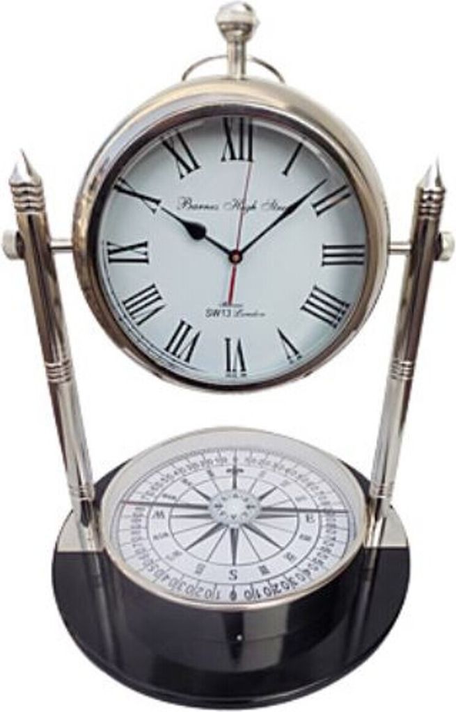 Casa Padrino Tischuhr mit Kompass Silber / Schwarz Ø 48 x H. 63,5 cm - Wohnzimmer Deko