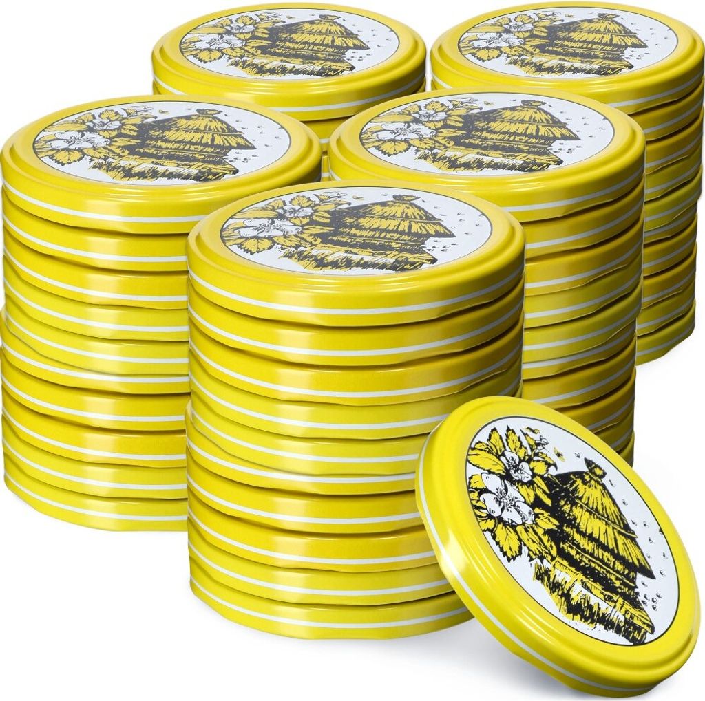 KADAX Einmach-Deckel Set aus Metall "Valsta", mit 4 Einrastzähnen, Bienenstock, 66 mm, 50 Stück