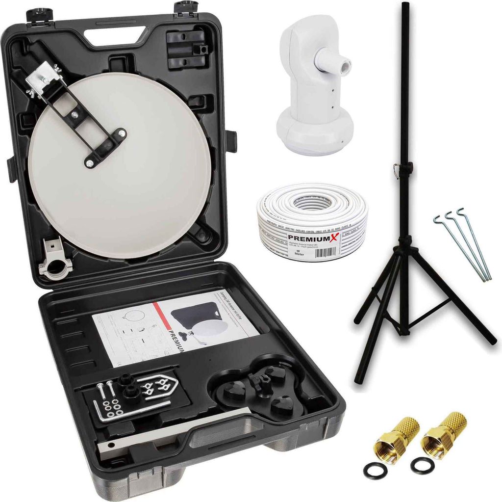 PremiumX Camping SAT Anlage Single LNB 10m Kabel 2x F-Stecker Koffer Stativ