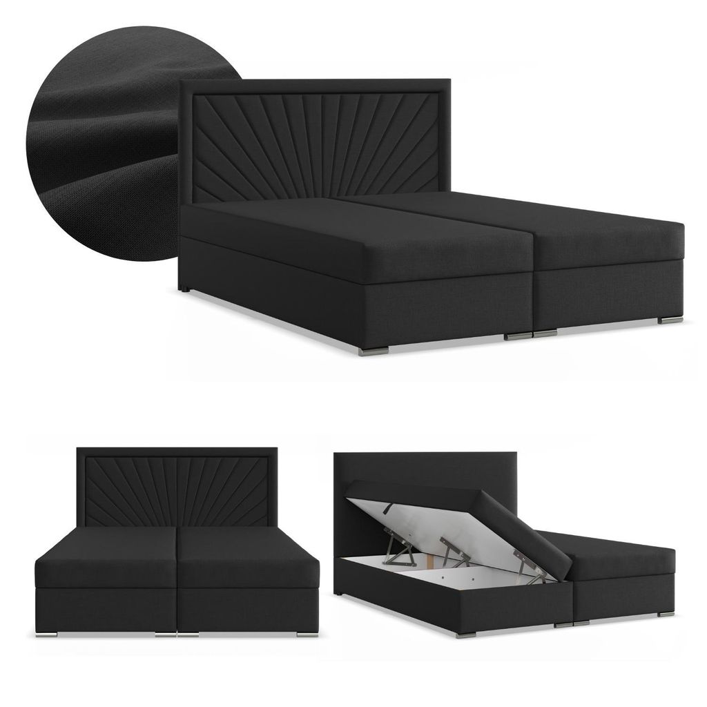 Boxspringbett 140x200 mit 2 Bettkästen, Kontinentales Bett mit Bonell Matratze, Doppelbett mit Kopfteil, Geflecht, Schwarz, VICENZA 140 x 200