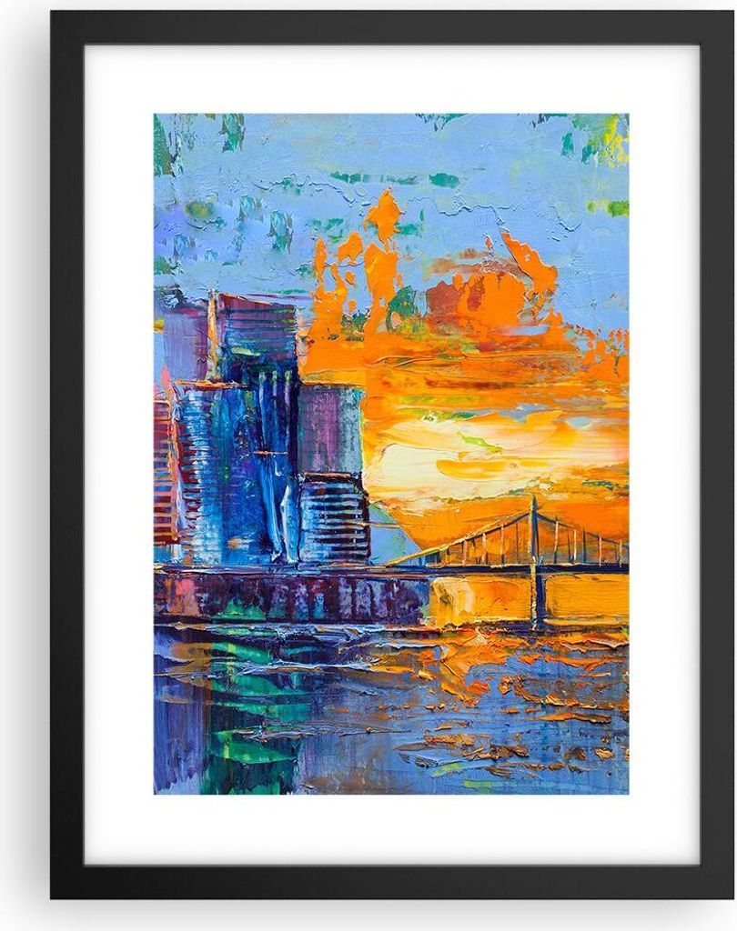 Gerahmtes Poster - Schwarzer Rahmen - Stadt Brücke pastos - 30x40 cm - Wand Bild - Wanddeko - Wandbilder - Kunstposter - Wandposter - Bilderrahmen...