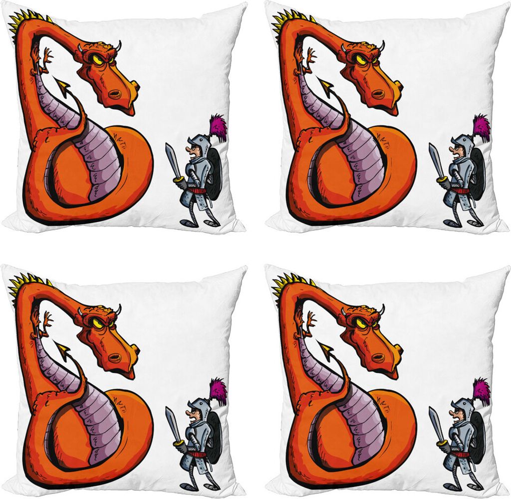 ABAKUHAUS Drachen Kissenbezug Set (4 Stück), Cartoon-Ritter-Skizze, Moderner Doppelseitiger Digitaldruck, 45 cm x 45 cm, Mehrfarbig