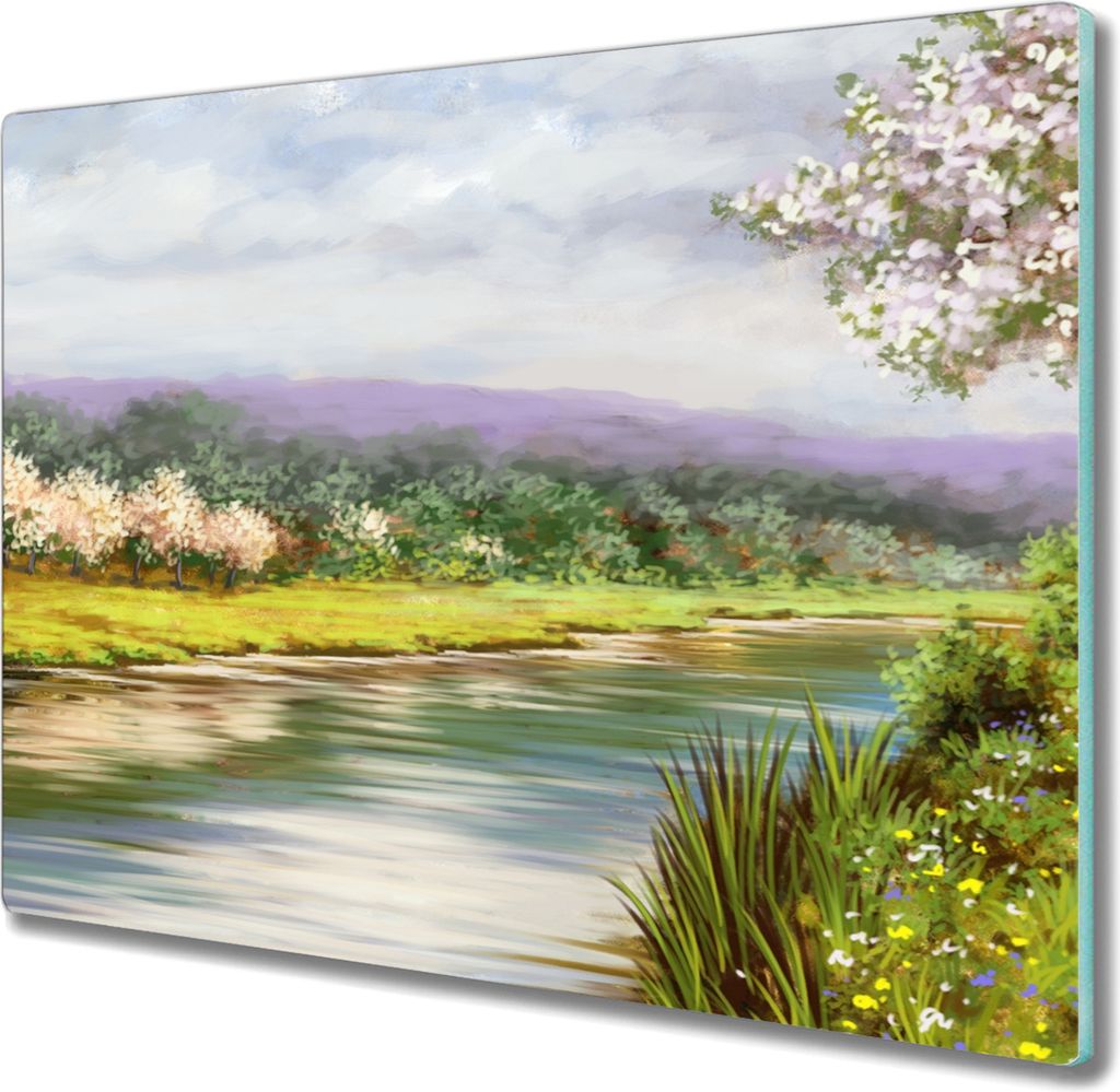 Coloray Hackbrett Kochplattenabdeckung Herdabdeckplatte 60x52 cm Schneidebrett Küchenbrett - Baum Blumen Flusslandschaft
