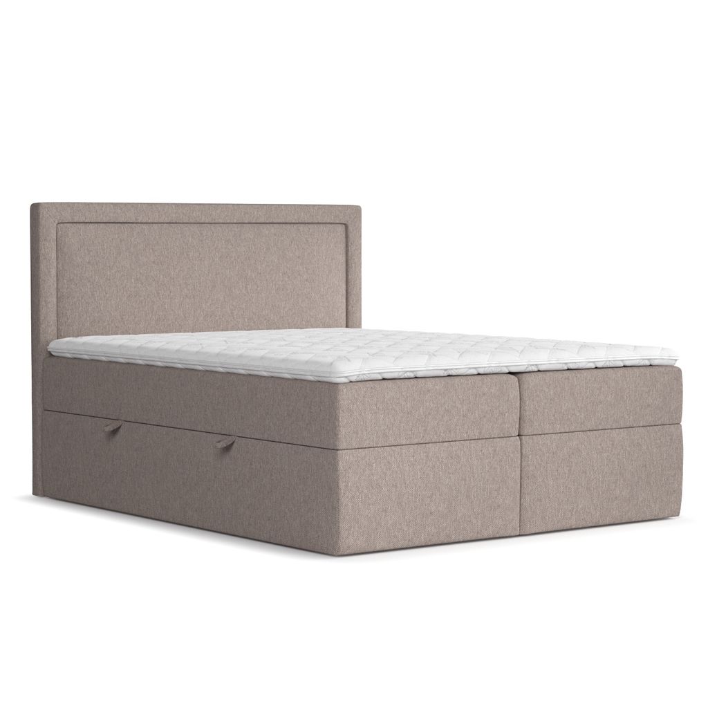 Boxspringbett Livia Interiors Maya, Bett 200x200 cm, mit Stauraum, Doppelbett, H2 Bonell - Matratze und Topper, Webstoff Megan, Dunkelbeige Farbe