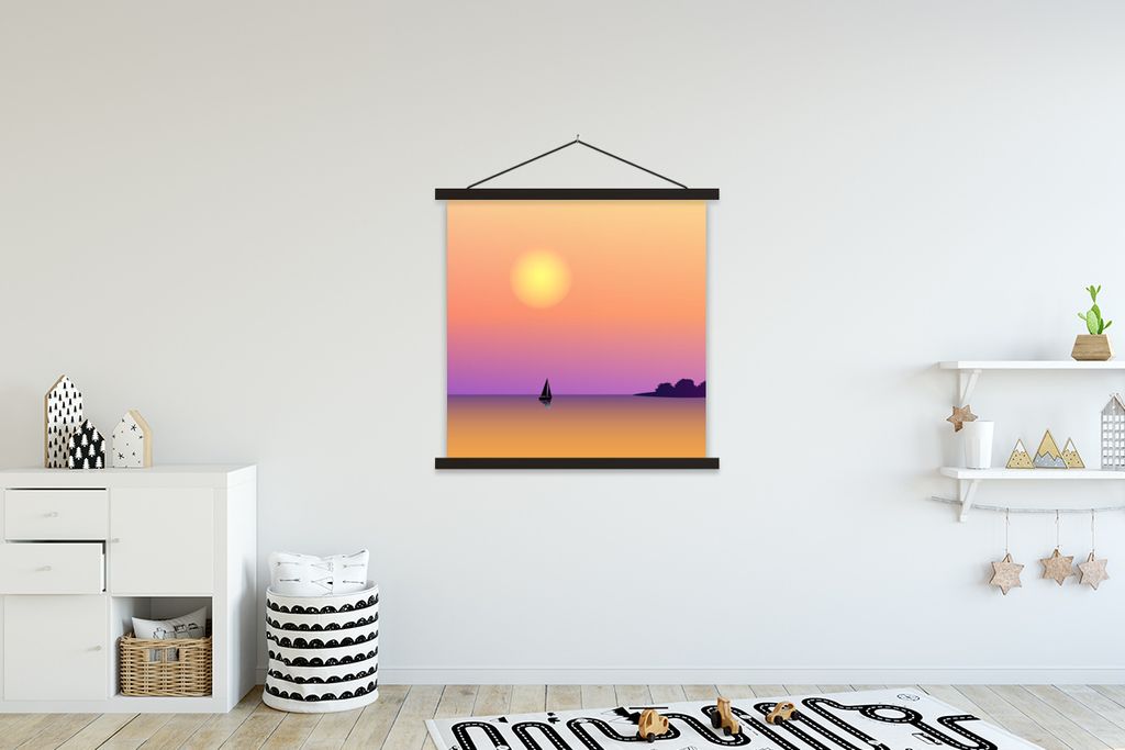 MuchoWow Textilposter Segelboot - Meer - Nacht - Pastell 90x90 cm mit schwarzem Rahmen - Magnetisches