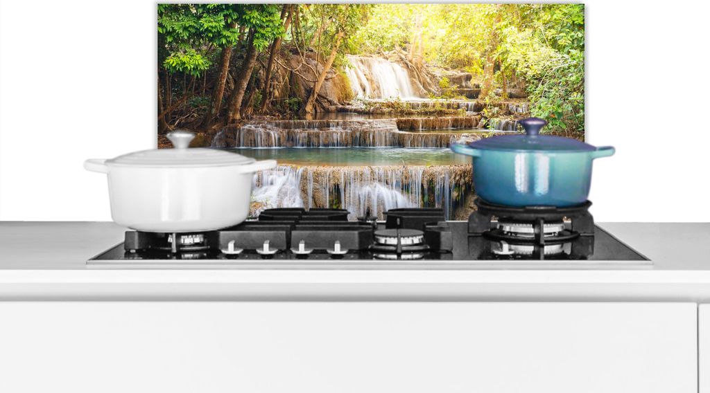 KitchenYeah Spritzschutz Küche - Küchenrückwand - Wandschutz für Herd und Spüle - Sonne - Wasserfall - Landschaft 70x30 - Alu-Dibond (Altern...