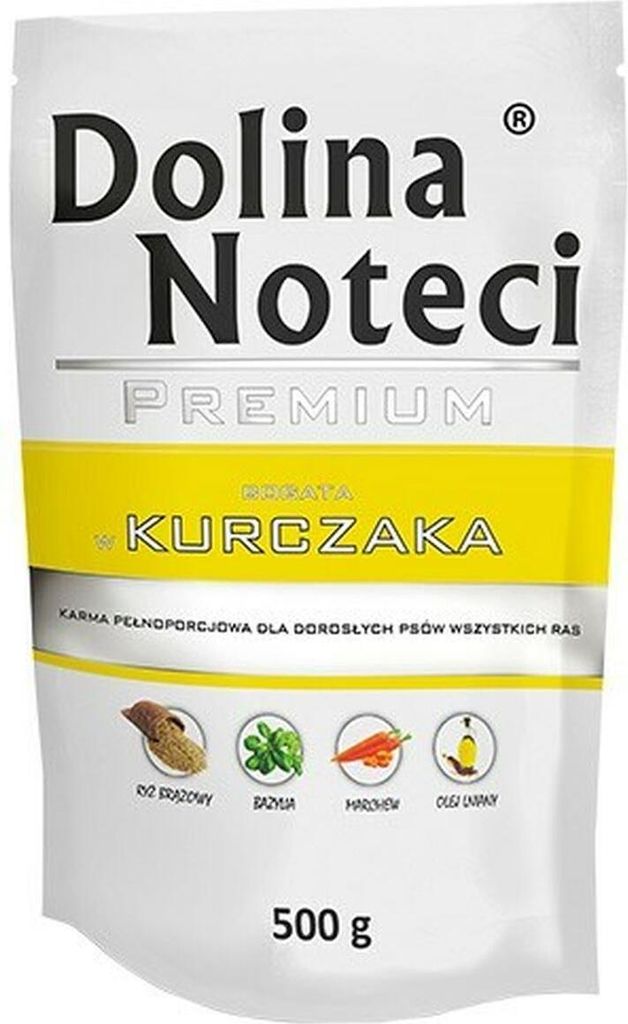 A pouch of dog food with product branding and ingredient icons.