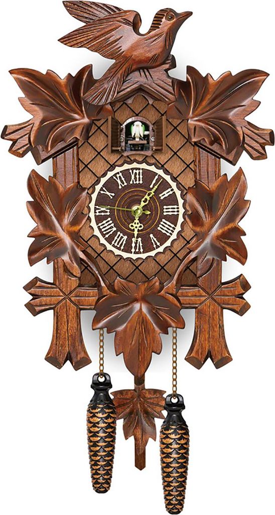 A traditional wooden cuckoo clock with carved leaves and pinecone weights.