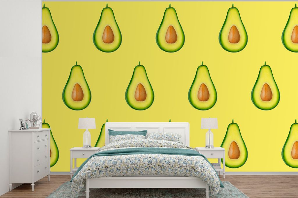 MuchoWow Fototapete für Wohnzimmer oder Schlafzimmer Wandtapete Vinyl Motivtapete Avocado - Muster - Gelb - 360x240 cm - Vinyl-Tapete