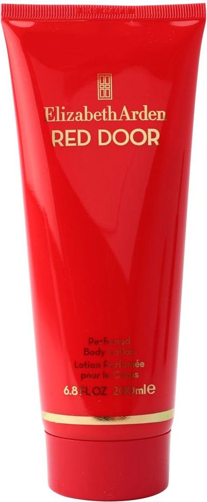 Rote Tube der Elizabeth Arden Red Door Body Lotion mit goldener Aufschrift, 200 ml Inhalt, elegantes Design mit Parfumlotion für den Körper.