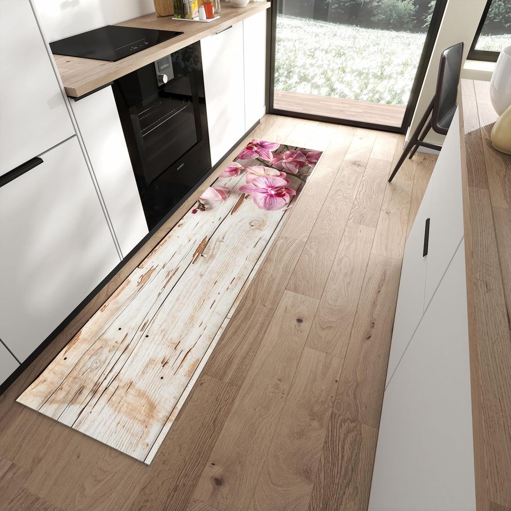 Küchenteppich 60x240cm rutschfest & abwischbar PVC Läufer - Orchideen auf Holz