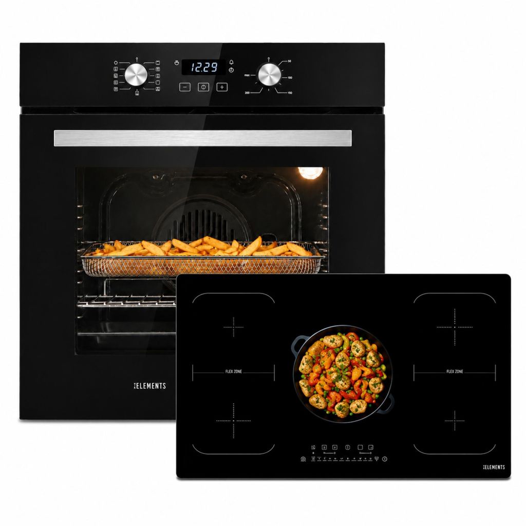 KB ELEMENTS Herdset Autark 90 cm Induktionskochfeld 5 Zonen mit 2 Flexzonen + Einbaubackofen 60 cm, Air Fry, Steam Clean, Heißluft, 9400W, A+