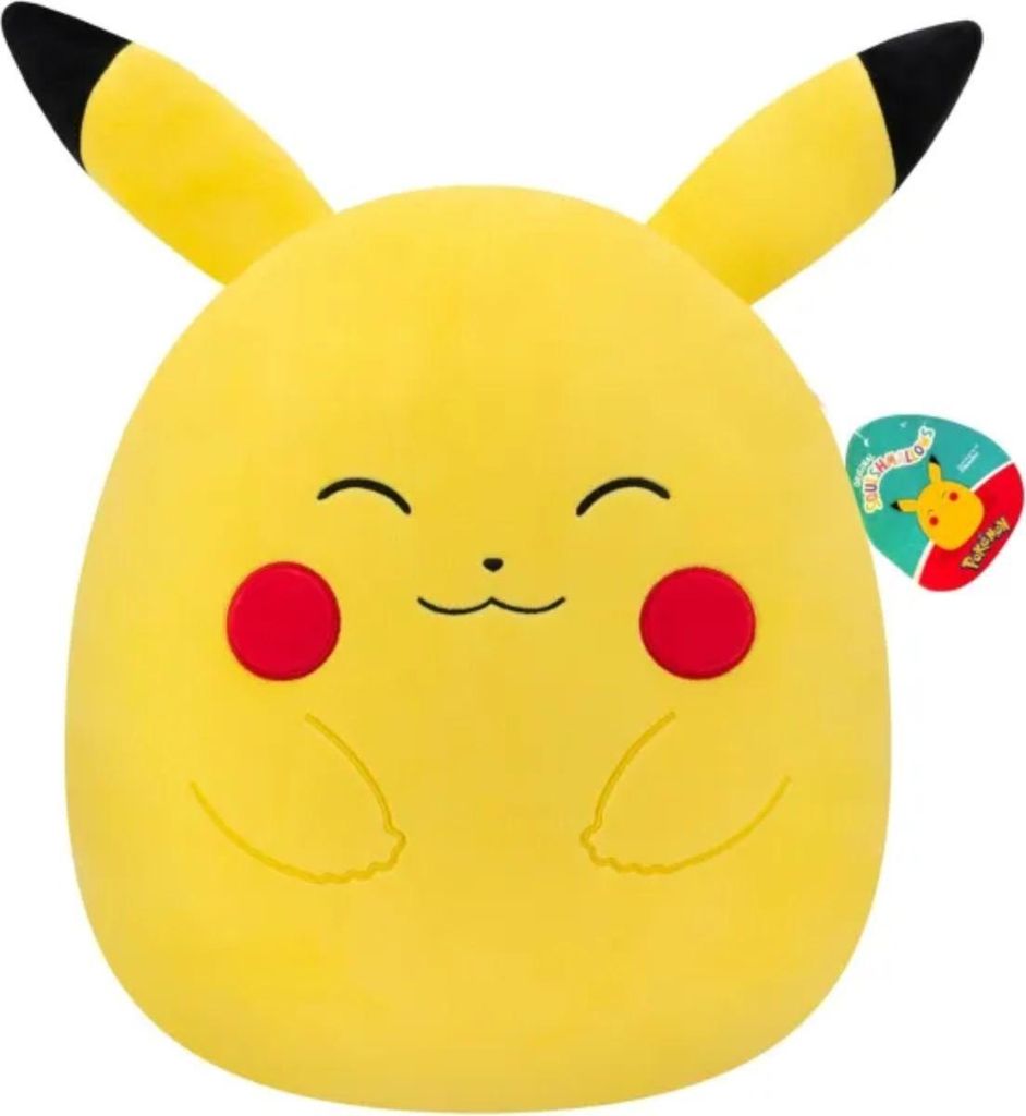 A yellow Pikachu plush toy with red cheeks and black accents on its ears, set against a white background.