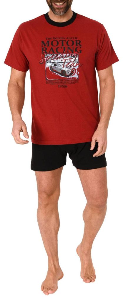 Normann Herren kurzarm Schlafanzug Shorty Pyjama mit Automotiv in eleganter Optik ; rot , 50
