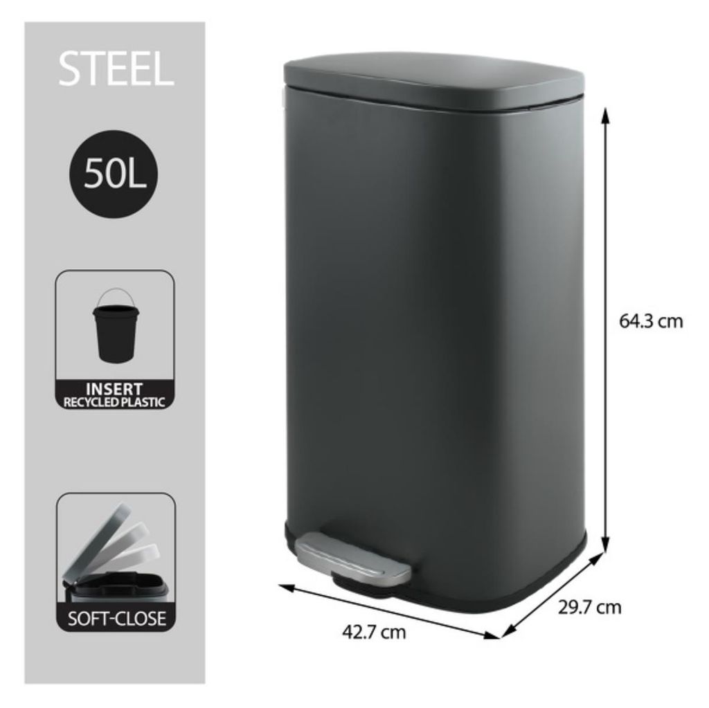 Spirella Abfalleimer 50 Liter Edelstahl mit Absenkautomatik und Inneneimer "Akira" Küche Mülleimer Softclose Abfalleimer grau matt