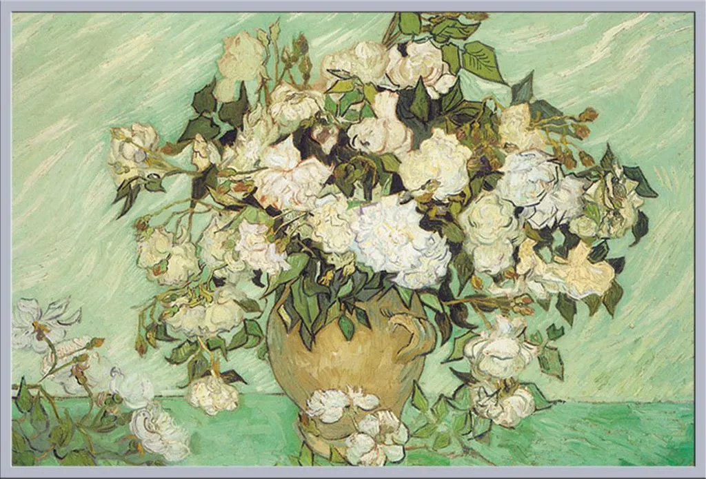 Tableau Encadré Van Gogh Vase de Roses, Cadre Argent et Vitre Acrylique