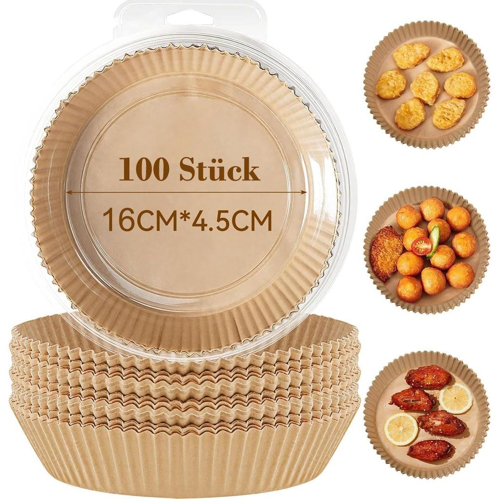 Backpapier für Heißluftfritteuse-100 Stück Air Fryer Backpapier rund Ø16 cm, Antihaft & ölfestes Backpapier, Höhe 4,5 cm – antihaft & ölfe...