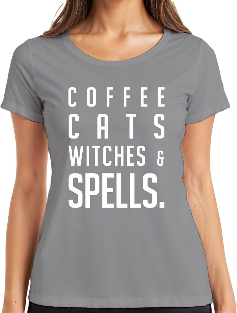 COFFEE CATS WITCHES & SPELLS. Kaffeeliebhaber Katzenfan Halloween Damen T-Shirt, Grau, XXL