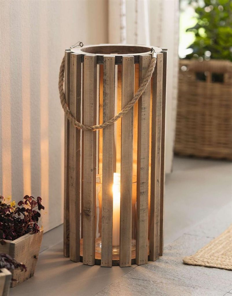 Laterne "Recycelt" aus recyceltem Holz mit Windlichtglas, Ø 28 x 58 cm, große Holzlaterne, Kerzensäule