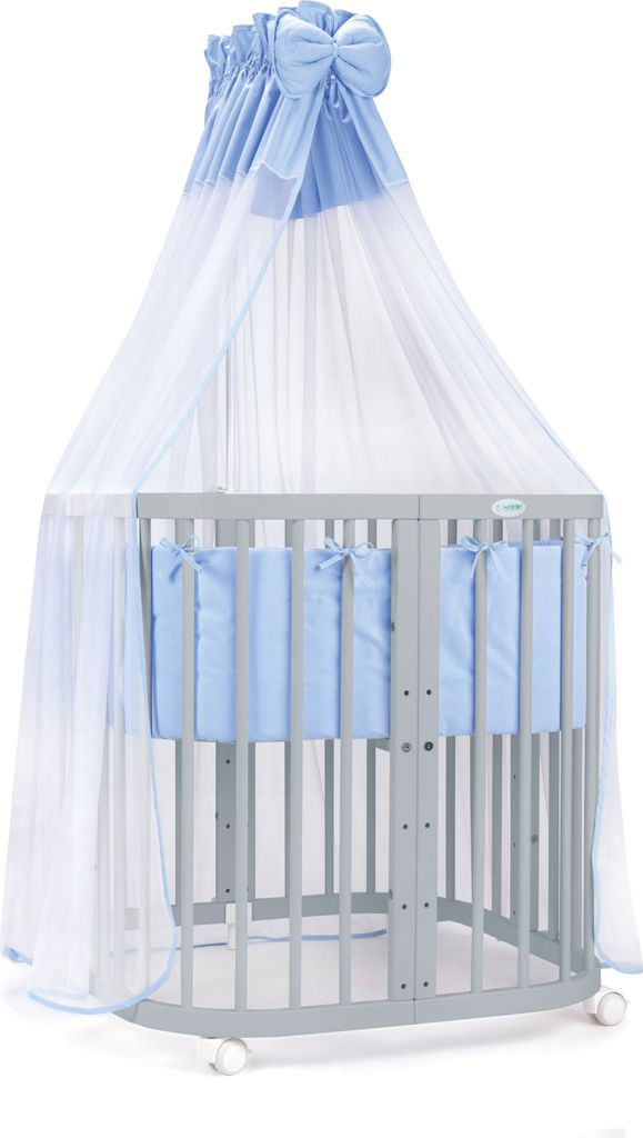 Mobiles Babybett aus Holz 7in1 mit Matratze, mitwachsend,Stoffe blau,Holz grau