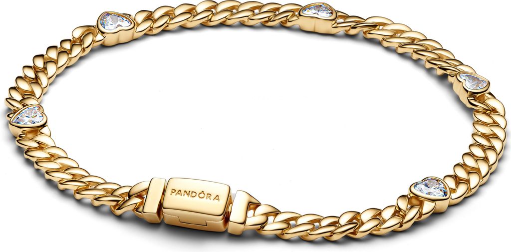 A close-up studio shot of a gold-colored Pandora bracelet with heart-shaped cubic zirconia stones.