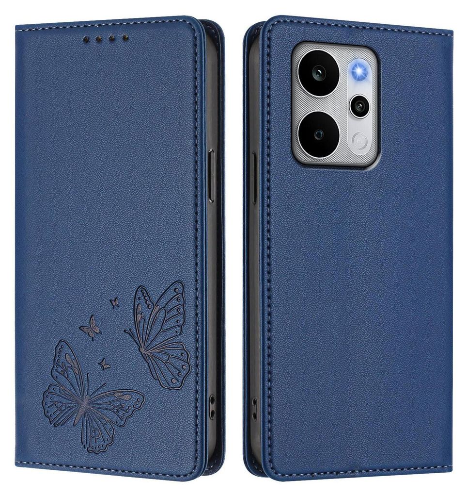 Lederhülle für Realme P4 Power, Schmetterling Prägung Leder Brieftasche Schutzhülle mit Ständer Dunkelblau