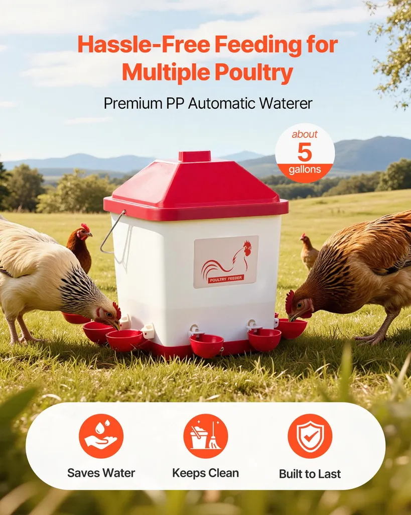 SucceBuy abbeveratoio per polli 19 L, abbeveratoio automatico per pollame con 6 ciotole per l'acqua, distributore d'acqua, sistema a gravità con maniglia e anello di tenuta, materiale robusto in PP, design a prova di perdite, adatto ai polli - 2