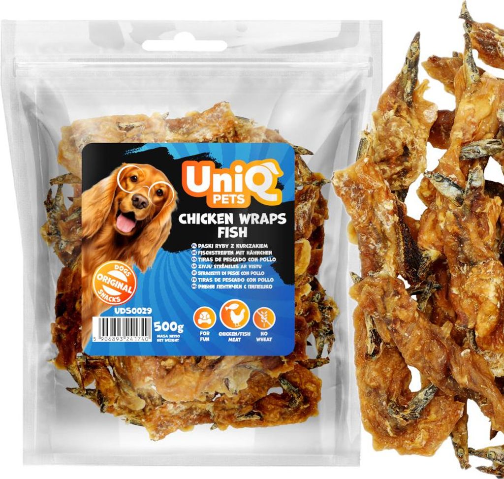 Hundeleckerli, Snackstreifen Fisch in Hühnchen gewickelt UniQ Pets 500g