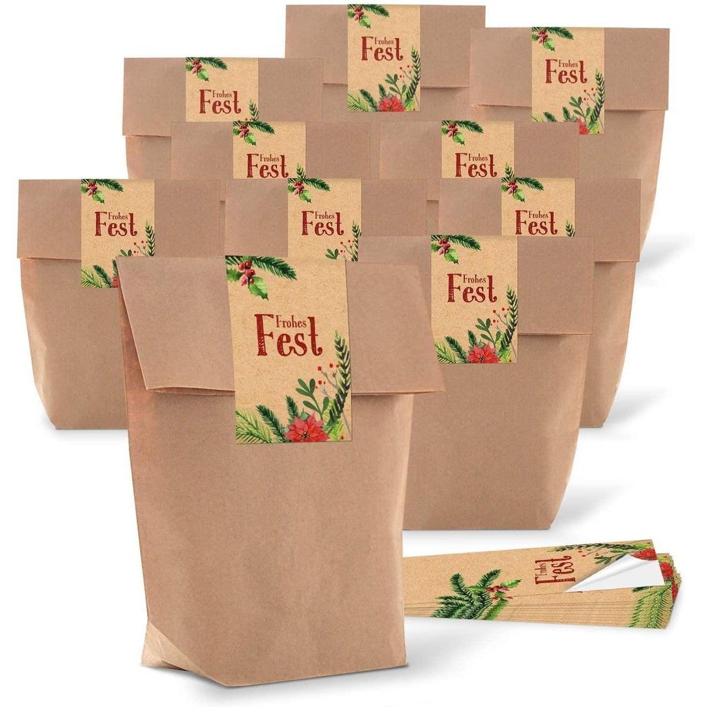 25 braune natur weihnachtliche Verpackung Geschenk-Tüten Kraftpapier 14 x 22 x 5,6 cm + 25 Aufkleber FROHE WEIHNACHTEN Verpacken Weihnachtsgeschen...