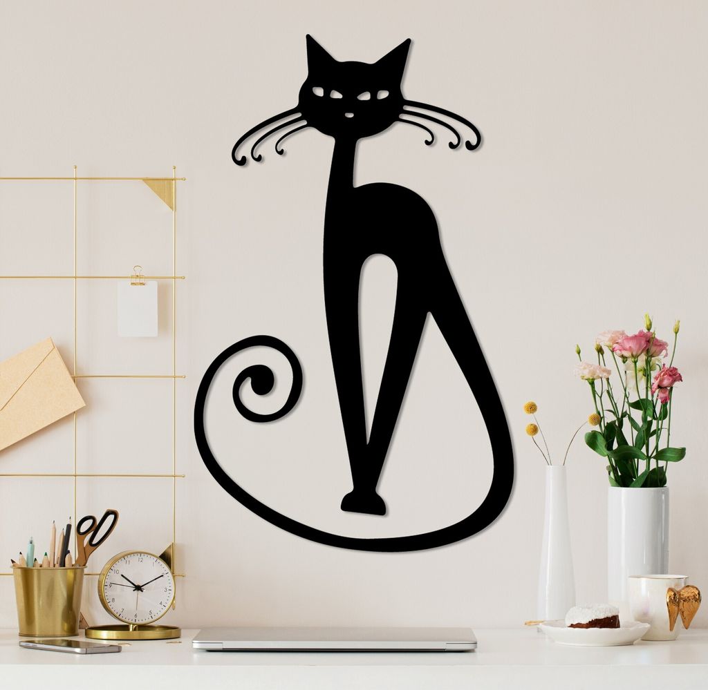 Wallity, Cat 6, Dekoratives Wandaccessoire aus Metall, Schwarz, 100 % METALL, 37 x 60 cm