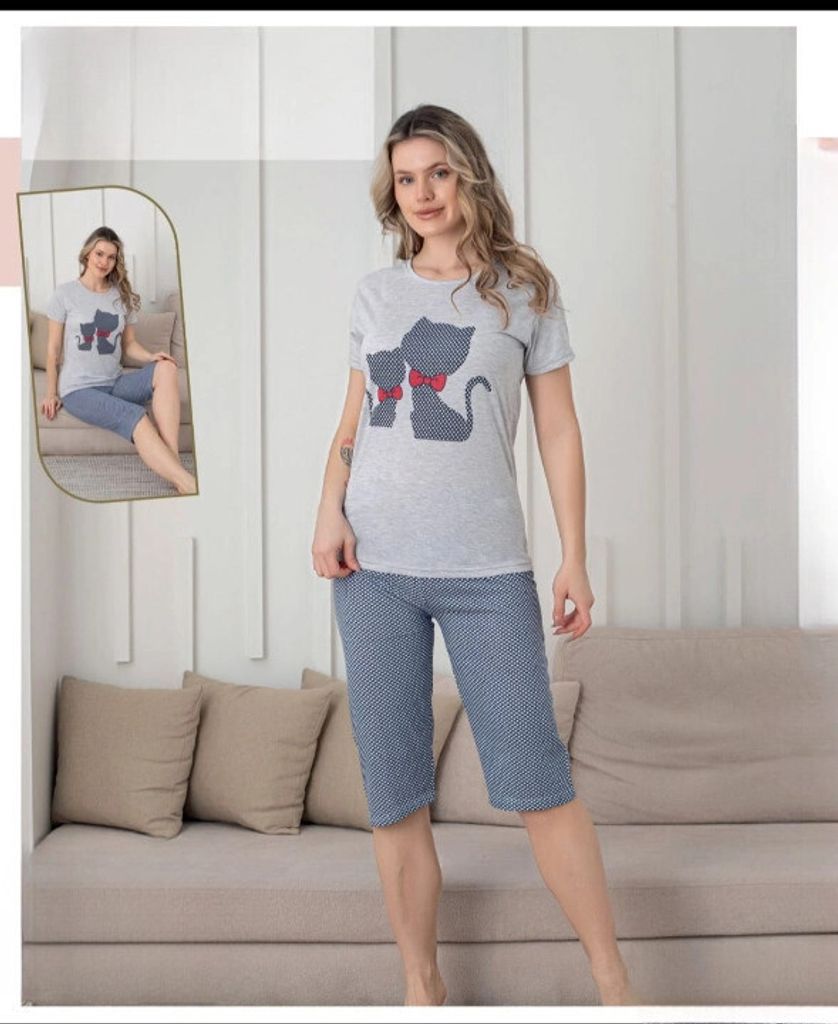 Damen Pyjama Schlafanzug Bermuda Grau XXL Shorty Kurz 2-Teiler Set A-65