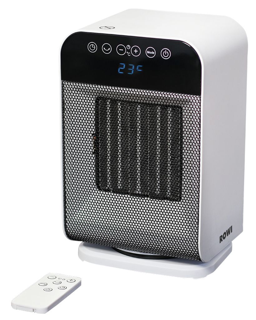 A white ROWI ceramic heater with a black control panel and a remote control on a white surface.